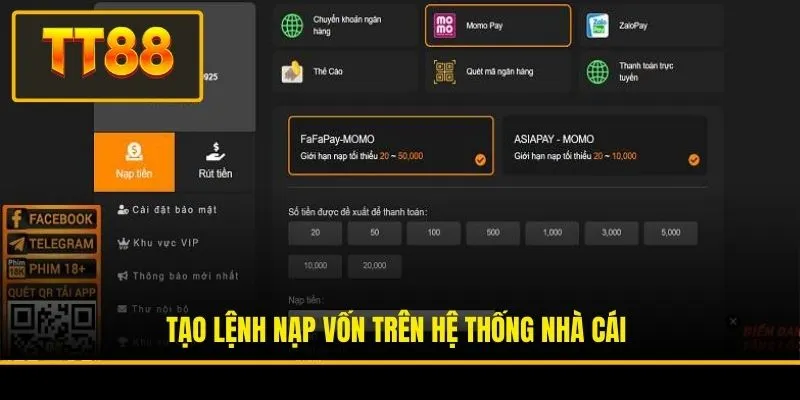 Tạo lệnh nạp vốn trên hệ thống nhà cái